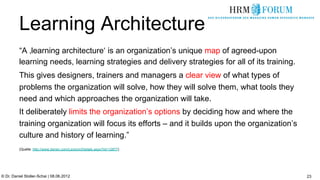 Learning Architecture
          “A ‚learning architecture‘ is an organization’s unique map of agreed-upon
          learning needs, learning strategies and delivery strategies for all of its training.
          This gives designers, trainers and managers a clear view of what types of
          problems the organization will solve, how they will solve them, what tools they
          need and which approaches the organization will take.
          It deliberately limits the organization’s options by deciding how and where the
          training organization will focus its efforts – and it builds upon the organization’s
          culture and history of learning.”
          (Quelle: http://www.bersin.com/Lexicon/Details.aspx?id=12877)




© Dr. Daniel Stoller-Schai | 08.06.2012                                                          23
 