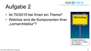 Aufgabe 2
          •  Ist 70/20/10 bei Ihnen ein Thema?
          •  Welches sind die Komponenten Ihrer
             „Lernarchitektur“?



                                                  Gruppenarbeit an
                                                  den Tischen, 10 Min.,
                                                  Arbeitsblatt 2


© Dr. Daniel Stoller-Schai | 08.06.2012                              25
 