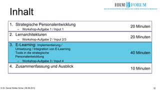 Inhalt
          1.  Strategische Personalentwicklung           20 Minuten
                   –  Workshop-Aufgabe 1 / Input 1
          2.  Lernarchitekturen
                                                         20 Minuten
                   –  Workshop-Aufgabe 2 / Input 2/3
          3.  E-Learning: Implementierung /
                Umsetzung / Integration von E-Learning
                Tools in die strategische                40 Minuten
                Personalentwicklung
                 –  Workshop-Aufgabe 3 / Input 4
          4.  Zusammenfassung und Ausblick
                                                         10 Minuten



© Dr. Daniel Stoller-Schai | 08.06.2012                               32
 
