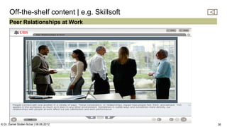 C:Program FilesUBSPresTemplatesPresPrintOnScreen.pot


      Off-the-shelf content | e.g. Skillsoft
      Peer Relationships at Work




© Dr. Daniel Stoller-Schai | 08.06.2012                                                                    38
 