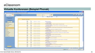 C:Program FilesUBSPresTemplatesPresPrintOnScreen.pot


      eClassroom
      Virtuelle Konferenzen (Beispiel Phonak)




© Dr. Daniel Stoller-Schai | 08.06.2012                                                                     49
 