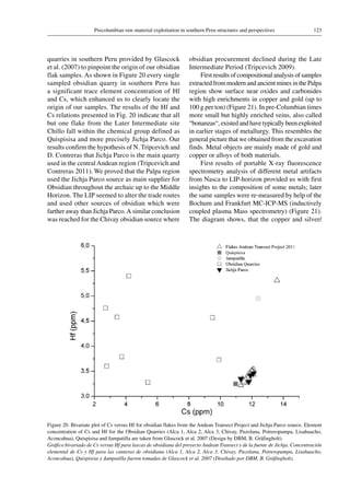 123Precolumbian raw-material exploitation in southern Peru-structures and perspectives
quarries in southern Peru provided by Glascock
et al. (2007) to pinpoint the origin of our obsidian
flak samples. As shown in Figure 20 every single
sampled obsidian quarry in southern Peru has
a significant trace element concentration of Hf
and Cs, which enhanced us to clearly locate the
origin of our samples. The results of the Hf and
Cs relations presented in Fig. 20 indicate that all
but one flake from the Later Intermediate site
Chillo fall within the chemical group defined as
Quispisisa and more precisely Jichja Parco. Our
results confirm the hypothesis of N. Tripcevich and
D. Contreras that Jichja Parco is the main quarry
used in the central Andean region (Tripcevich and
Contreras 2011). We proved that the Palpa region
used the Jichja Parco source as main supplier for
Obsidian throughout the archaic up to the Middle
Horizon. The LIP seemed to alter the trade routes
and used other sources of obsidian which were
farther away than Jichja Parco.A similar conclusion
was reached for the Chivay obsidian source where
obsidian procurement declined during the Late
Intermediate Period (Tripcevich 2009).
First results of compositional analysis of samples
extracted from modern and ancient mines in the Palpa
region show surface near oxides and carbonides
with high enrichments in copper and gold (up to
100 g per ton) (Figure 21). In pre-Columbian times
more small but highly enriched veins, also called
“bonanzas“, existed and have typically been exploited
in earlier stages of metallurgy. This resembles the
general picture that we obtained from the excavation
finds. Metal objects are mainly made of gold and
copper or alloys of both materials.
First results of portable X-ray fluorescence
spectrometry analysis of different metal artifacts
from Nasca to LIP-horizon provided us with first
insights to the composition of some metals; later
the same samples were re-measured by help of the
Bochum and Frankfurt MC-ICP-MS (inductively
coupled plasma Mass spectrometry) (Figure 21).
The diagram shows, that the copper and silver/
Figure 20. Bivariate plot of Cs versus Hf for obsidian flakes from the Andean Transect Project and Jichja Parco source. Element
concentration of Cs and Hf for the Obsidian Quarries (Alca 1, Alca 2, Alca 3, Chivay, Puzolana, Potreropampa, Lisahuacho,
Aconcahua), Quispisisa and Jampatilla are taken from Glascock et al. 2007 (Design by DBM, B. Gräfingholt).
Gráfico bivariado de Cs versus Hf para lascas de obsidiana del proyecto Andean Transect y de la fuente de Jichja. Concentración
elemental de Cs y Hf para las canteras de obsidiana (Alca 1, Alca 2, Alca 3, Chivay, Puzolana, Potreropampa, Lisahuacho,
Aconcahua), Quispisisa y Jampatilla fueron tomadas de Glascock et al. 2007 (Diseñado por DBM, B. Gräfingholt).
 