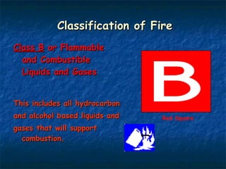 Classification of Fire Class B  or Flammable and Combustible Liquids and Gases This includes all hydrocarbon  and alcohol based liquids and  gases that will support combustion. Red Square 