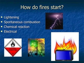 How do fires start? Lightening Spontaneous combustion Chemical reaction Electrical 
