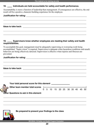 18.  ____  Individuals are held accountable for safety and health performance. Accountability is more a function of leadership than management. If consequences are effective, the end result will be a positive, character-building experience for the employee.  Justification for rating:  ___________________________________________________________ _________________________________________________________________________________ _________________________________________________________________________________ Ideas to take back:  ______________________________________________________________ _________________________________________________________________________________ _________________________________________________________________________________ 19.  ____  Supervisors know whether employees are meeting their safety and health responsibilities. To accomplish this goal, management must be adequately supervising or overseeing work being accomplished. "Super-vision" is required. Supervision is adequate when hazardous conditions and unsafe behaviors are being effectively detected. Supervision is effective when injuries and illnesses are prevented. Justification for rating:  ___________________________________________________________ _________________________________________________________________________________ _________________________________________________________________________________ Ideas to take back:  ______________________________________________________________ _________________________________________________________________________________ _________________________________________________________________________________ Your total personal score for this element  ________________ Other team member total scores  |-------------------------------------------------------------|   0  5  10  15  20  25  30  35  40  45  50 Other Questions to ask in this element: _________________________________________________________________________________ _________________________________________________________________________________ _________________________________________________________________________________ Be prepared to present your findings to the class 