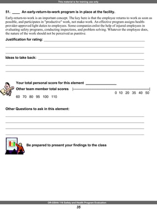 51.  ____  An early-return-to-work program is in place at the facility. Early-return-to-work is an important concept. The key here is that the employee returns to work as soon as possible, and participates in "productive" work, not make-work. An effective program assigns health-provider-approved light duties to employees. Some companies enlist the help of injured employees in evaluating safety programs, conducting inspections, and problem solving. Whatever the employee does, the nature of the work should not be perceived as punitive. Justification for rating:  ___________________________________________________________ _________________________________________________________________________________ _________________________________________________________________________________ Ideas to take back:  ______________________________________________________________ _________________________________________________________________________________ _________________________________________________________________________________ Your total personal score for this element  ________________ Other team member total scores  |------------------------------------------------------------------|     0  10  20  35  40  50  60  70  80  95  100  110 Other Questions to ask in this element: _________________________________________________________________________________ _________________________________________________________________________________ _________________________________________________________________________________ _________________________________________________________________________________ Be prepared to present your findings to the class 