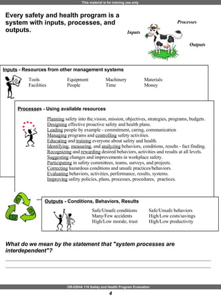 Every safety and health program is a system with inputs, processes, and outputs.  Inputs Processes Outputs Inputs  - Resources from other management systems Tools Equipment Machinery Materials Facilities People Time Money Processe s - Using available resources  Planning  safety into the   vision, mission, objectives, strategies, programs, budgets. Designing  effective proactive safety and health plans. Leading  people by example - commitment, caring, communication Managing  programs and  controlling  safety activities.  Educating  and  training  everyone about safety and health.    Identifying ,  measuring , and  analyzing  behaviors, conditions, results - fact finding. Recognizing  and  rewarding  desired behaviors, activities and results at all levels. Suggesting  changes and improvements in workplace safety. Participating  in safety committees, teams, surveys, and projects.  Correcting  hazardous conditions and unsafe practices/behaviors. Evaluating  behaviors, activities, performance, results, systems.  Improving  safety policies, plans, processes, procedures,  practices. Outputs  - Conditions, Behaviors, Results   Safe/Unsafe conditions Safe/Unsafe behaviors Many/Few accidents High/Low costs/savings High/Low morale, trust High/Low productivity What do we mean by the statement that "system processes are interdependent"?  ______________________________________________________________________________________________________ ______________________________________________________________________________________________________ 