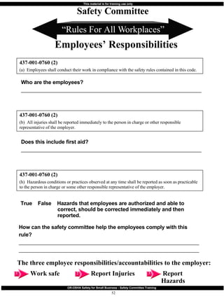 “ Rules For All Workplaces” Who are the employees?  _______________________________________________________________________ 437-001-0760 (2) (a)  Employees shall conduct their work in compliance with the safety rules contained in this code. Safety Committee Employees’ Responsibilities The three employee responsibilities/accountabilities to the employer: Does this include first aid?  _______________________________________________________________________ 437-001-0760 (2) (b)  All injuries shall be reported immediately to the person in charge or other responsible representative of the employer. How can the safety committee help the employees comply with this rule? _______________________________________________________________________ _______________________________________________________________________ 437-001-0760 (2) (h)  Hazardous conditions or practices observed at any time shall be reported as soon as practicable to the person in charge or some other responsible representative of the employer. Work safe  Report Injuries  Report    Hazards True  False  Hazards that employees are authorized and able to    correct, should be corrected immediately and then    reported.   1 1 2 2 3 3 