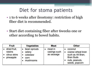 Diet for stoma patients
• 1 to 6 weeks after ileostomy: restriction of high
fiber diet is recommended.
• Start diet containing fiber after 6weeks one or
other according to bowel habits.
 
