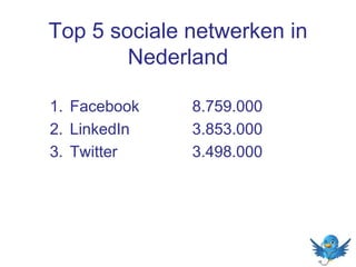 1. Facebook 8.759.000
2. LinkedIn 3.853.000
3. Twitter 3.498.000
Top 5 sociale netwerken in
Nederland
 