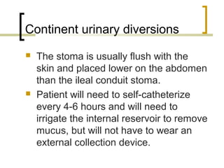 Continent urinary diversions
 The stoma is usually flush with the
skin and placed lower on the abdomen
than the ileal conduit stoma.
 Patient will need to self-catheterize
every 4-6 hours and will need to
irrigate the internal reservoir to remove
mucus, but will not have to wear an
external collection device.
 