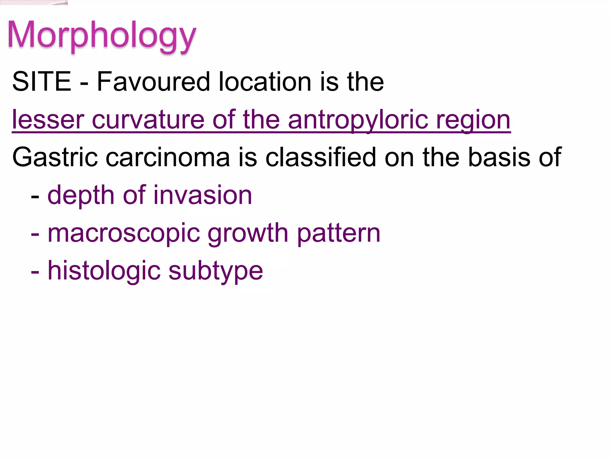 Morphology
SITE - Favoured location is the
lesser curvature of the antropyloric region
Gastric carcinoma is classified on the basis of
- depth of invasion
- macroscopic growth pattern
- histologic subtype
 