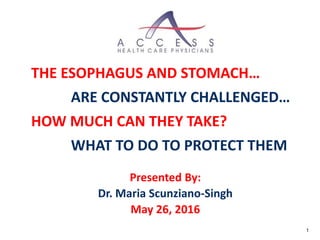 1
THE ESOPHAGUS AND STOMACH…
ARE CONSTANTLY CHALLENGED…
HOW MUCH CAN THEY TAKE?
WHAT TO DO TO PROTECT THEM
Presented By:
Dr. Maria Scunziano-Singh
May 26, 2016
 