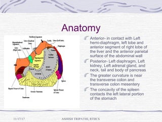 Anatomy
Anterior- in contact with Left
hemi-diaphragm, left lobe and
anterior segment of right lobe of
the liver and the anterior parietal
surface of the abdominal wall
Posterior- Left diaphragm, Left
kidney, Left adrenal gland, and
neck, tail and body of pancreas
The greater curvature is near
the transverse colon and
transverse colon mesentery
The concavity of the spleen
contacts the left lateral portion
of the stomach
ASHISH TRIPATHI, RTIICS11/17/17
 