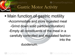 Gastric Motor Activity
 Main function of gastric motility
-Accommodate and store ingested meal
-Grind down solid particles(tituration)
-Empty all constituents of the meal in a
carefully controlled and regulated fashion
into the
duodenum.
 