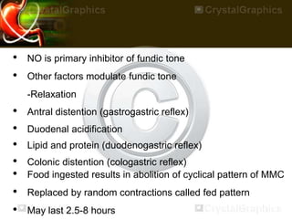 • NO is primary inhibitor of fundic tone
• Other factors modulate fundic tone
-Relaxation
• Antral distention (gastrogastric reflex)
• Duodenal acidification
• Lipid and protein (duodenogastric reflex)
• Colonic distention (cologastric reflex)
• Food ingested results in abolition of cyclical pattern of MMC
• Replaced by random contractions called fed pattern
• May last 2.5-8 hours
 