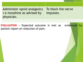 EVALUATION - Expected outcome is met as evidenced by
patient report on reduction of pain.
Administer opoid analgesics
i.e morphine as advised by
physician.
To block the nerve
impulses.
 