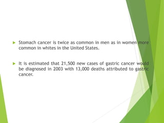  Stomach cancer is twice as common in men as in women more
common in whites in the United States.
 It is estimated that 21,500 new cases of gastric cancer would
be diagnosed in 2003 with 13,000 deaths attributed to gastric
cancer.
 