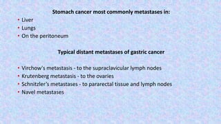 Stomach cancer most commonly metastases in:
• Liver
• Lungs
• On the peritoneum
Typical distant metastases of gastric cancer
• Virchow's metastasis - to the supraclavicular lymph nodes
• Krutenberg metastasis - to the ovaries
• Schnitzler’s metastases - to pararectal tissue and lymph nodes
• Navel metastases
 