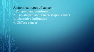 Anatomical types of cancer:
1.Polypoid and mushroom
2. Cup-shaped and saucer-shaped cancer
3. Ulcerative infiltrative
4. Diffuse cancer
 