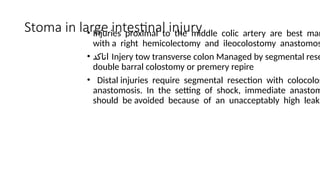 Stoma in large intestinal injury
• Injuries proximal to the middle colic artery are best man
with a right hemicolectomy and ileocolostomy anastomos
• ‫اتاكد‬ Injery tow transverse colon Managed by segmental rese
double barral colostomy or premery repire
• Distal injuries require segmental resection with colocolos
anastomosis. In the setting of shock, immediate anastom
should be avoided because of an unacceptably high leak
 