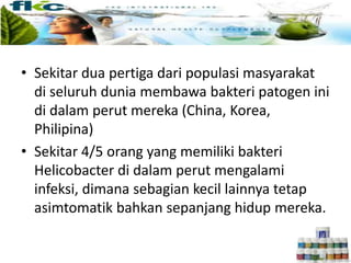 • Sekitar dua pertiga dari populasi masyarakat
di seluruh dunia membawa bakteri patogen ini
di dalam perut mereka (China, Korea,
Philipina)
• Sekitar 4/5 orang yang memiliki bakteri
Helicobacter di dalam perut mengalami
infeksi, dimana sebagian kecil lainnya tetap
asimtomatik bahkan sepanjang hidup mereka.
 