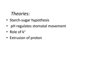 Theories:
• Starch-sugar hypothesis
• pH regulates stomatal movement
• Role of k⁺
• Extrusion of proton
 
