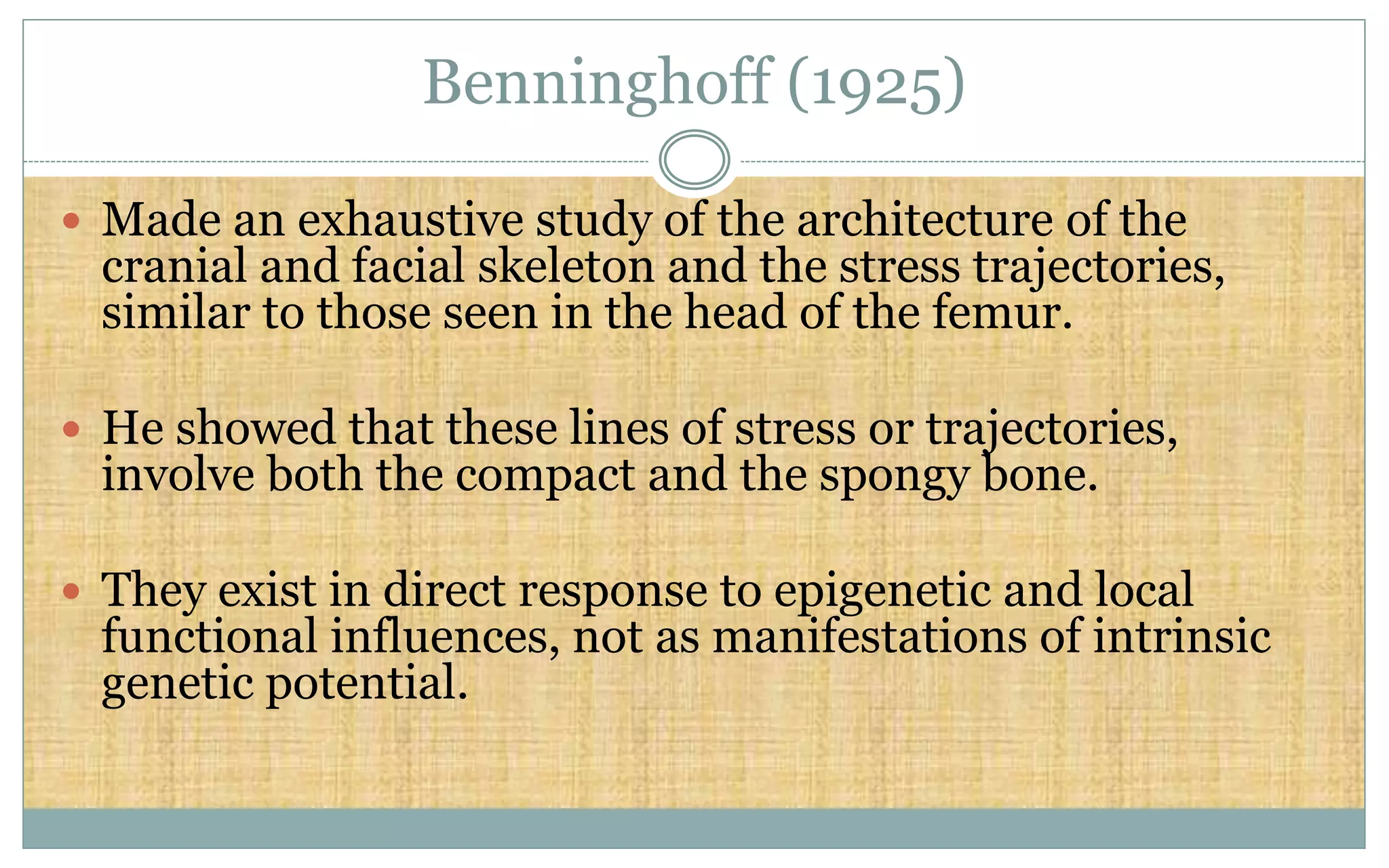 Benninghoff (1925)
 Made an exhaustive study of the architecture of the
cranial and facial skeleton and the stress trajectories,
similar to those seen in the head of the femur.
 He showed that these lines of stress or trajectories,
involve both the compact and the spongy bone.
 They exist in direct response to epigenetic and local
functional influences, not as manifestations of intrinsic
genetic potential.
 