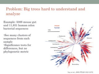 Problem: Big trees hard to understand and
  analyze
Example: 5088 mouse gut
and 11,831 human colon
bacterial sequences

•See many clusters of
sequences from each
sample
•Significance tests for
differences, but no
phylogenetic metric




                                  Ley et al., 2005 PNAS 102:11070
 