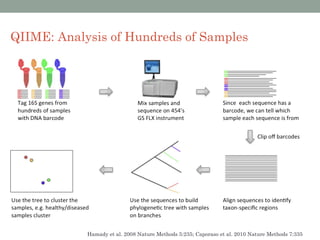 QIIME: Analysis of Hundreds of Samples




            Hamady et al. 2008 Nature Methods 5:235; Caporaso et al. 2010 Nature Methods 7:335
 