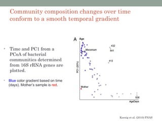 Community composition changes over time
    conform to a smooth temporal gradient



•   Time and PC1 from a
    PCoA of bacterial
    communities determined
    from 16S rRNA genes are
    plotted.

•   Blue color gradient based on time
    (days). Mother’s sample is red.




                                        Koenig et al. (2010) PNAS
 