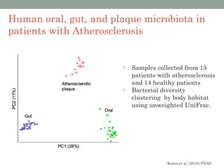 Human oral, gut, and plaque microbiota in
patients with Atherosclerosis


                       •   Samples collected from 15
                           patients with atherosclerosis
                           and 14 healthy patients
                       •   Bacterial diversity
                           clustering by body habitat
                           using unweighted UniFrac.




                                       Koren et al. (2010) PNAS
 