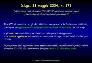 Il MATT, di concerto con gli altri Ministeri competenti e la Conferenza Unificata, predispone un  aggiornamento del   programma nazionale di riduzione  che contenga  gli  obiettivi   calcolati in base ai risultati delle proiezioni aggiornate  le  misure aggiuntive  necessarie ad assicurare il rispetto dei limiti stabiliti per l'Italia  Il programma così aggiornato dovrà essere trasmesso, secondo quanto previsto dalla direttiva 2001/81, alla Commissione Europea  entro il 31 dicembre 2006 D.Lgs. 21 maggio 2004, n. 171 “ Attuazione della direttiva 2001/81/CE relativa ai limiti nazionali  di emissione di alcuni inquinanti atmosferici”   