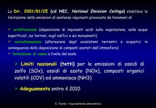 La  Dir. 2001/81/CE  (cd NEC,  National Emission Ceilings )  stabilisce la limitazione delle emissioni di sostanze inquinanti provocate da fenomeni di:  acidificazione  (deposizione di inquinanti acidi sulla vegetazione, sulle acque superficiali, sui terreni, sugli edifici e sui monumenti) eutrofizzazione  (alterazione degli ecosistemi terrestri e acquatici in conseguenza della deposizione di composti azotati dall'atmosfera)  formazione di ozono  a livello del suolo Limiti nazionali  (tetti)  per le emissioni di ossidi di zolfo (SOx), ossidi di azoto (NOx), composti organici volatili (COV) ed ammoniaca (NH3) Adeguamento  entro il 2010 