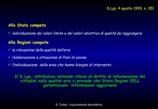 Allo Stato compete individuazione dei valori limite e dei valori obiettivo di qualità da raggiungere Alle Regioni compete la rilevazione della qualità dell’aria l’elaborazione e attuazione di Piani di azione l’individuazione  delle aree che hanno bisogno di intervento Il D.Lgs. attribuisce notevole rilievo al diritto di informazione dei cittadini sulla qualità aria e prevede che Stato Regioni EELL garantiscano  informazioni aggiornate D.Lgs. 4 agosto 1999, n. 351 