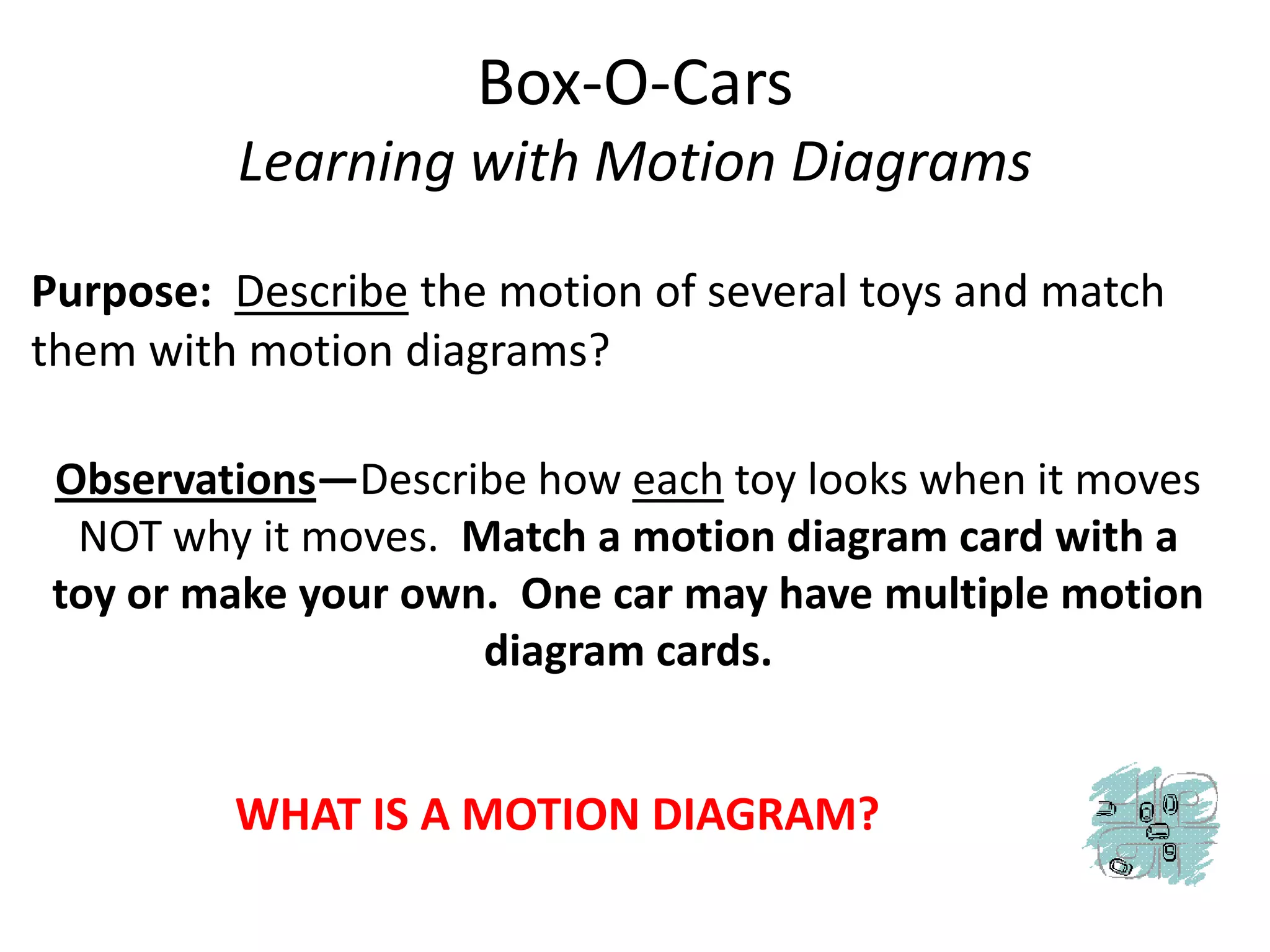 Box-O-CarsLearning with Motion DiagramsPurpose:Describe the motion of several toys and match them with motion diagrams?Observations—Describe how each toy looks when it moves NOT why it moves.  Match a motion diagram card with a toy or make your own.  One car may have multiple motion diagram cards.WHAT IS A MOTION DIAGRAM?