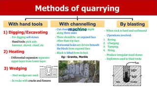 Methods of quarrying
With hand tools With channelling
machine
By blasting
1) Digging/Excavating
2) Heating
3) Wedging
- For digging soft stones
- Hand tools: pick axle,
hammer, shovel, chisel, etc
- Differential expansion separates
upper layer from lower layer
- In rocks with cracks and fissures
- Steel wedges are used
- Cut channels of sufficient depth
along three sides
- There should be an exposed face
other than top face.
- Horizontal holes are driven beneath
the block from exposed face.
- Block is lifted from its bed.
Eg:- Granite, Marble
- Operations involved:
1. Boring
2. Charging
3. Tamping
4. Firing
- Produce irregular sized stones
- Explosives used to blast rocks
- When rock is hard and unfissured
 