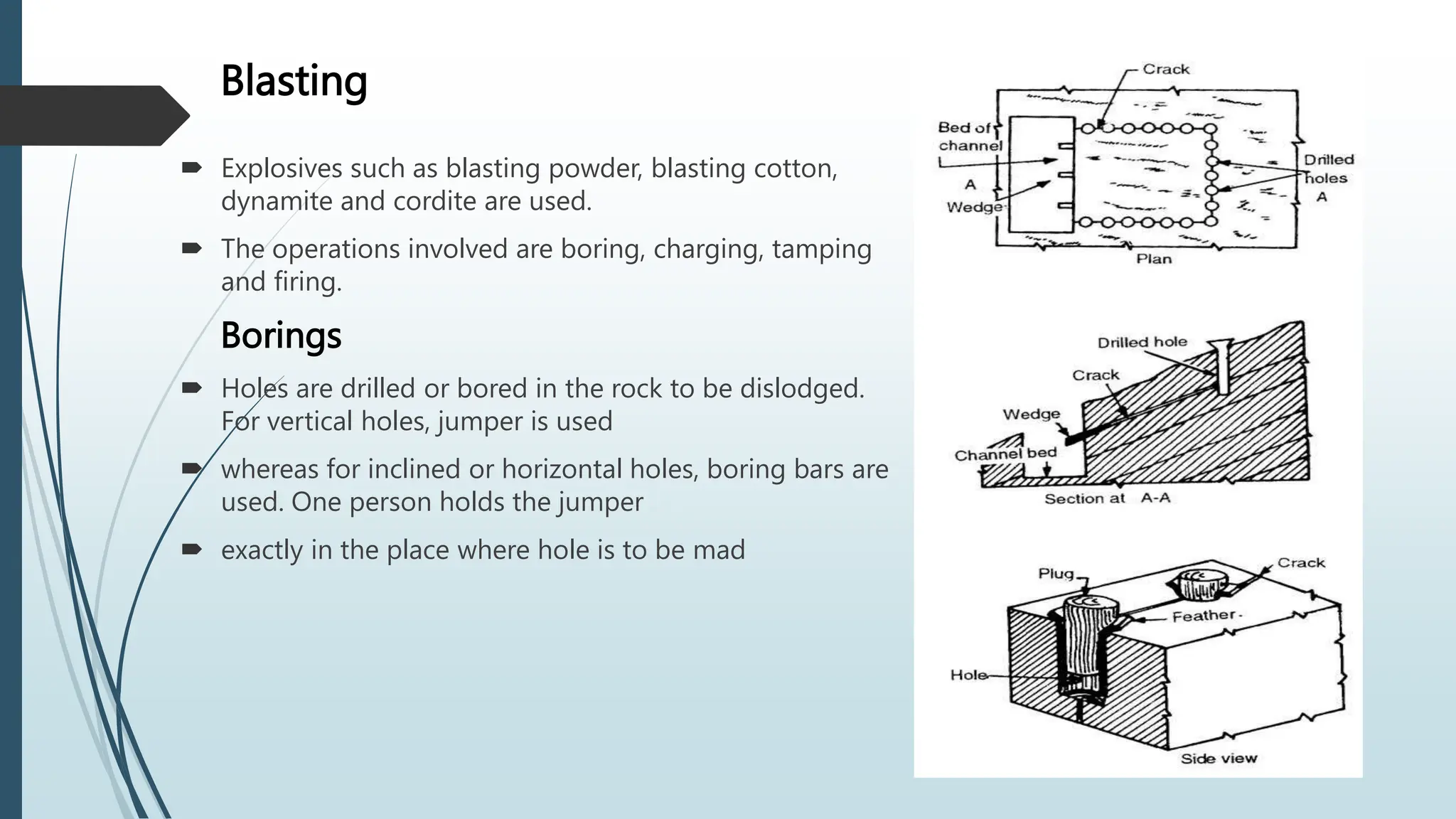 Blasting
 Explosives such as blasting powder, blasting cotton,
dynamite and cordite are used.
 The operations involved are boring, charging, tamping
and firing.
Borings
 Holes are drilled or bored in the rock to be dislodged.
For vertical holes, jumper is used
 whereas for inclined or horizontal holes, boring bars are
used. One person holds the jumper
 exactly in the place where hole is to be mad
 