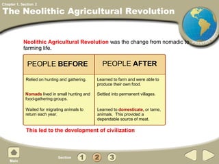 The Neolithic Agricultural Revolution Neolithic Agricultural Revolution  was the change from nomadic to farming life.  PEOPLE  BEFORE PEOPLE  AFTER Learned to farm and were able to produce their own food. Settled into permanent villages. Learned to  domesticate,  or tame, animals.  This provided a dependable source of meat. Relied on hunting and gathering. Nomads  lived in small hunting and food-gathering groups. Waited for migrating animals to return each year. 2 This led to the development of civilization 