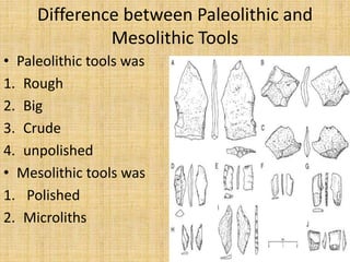 Difference between Paleolithic and
Mesolithic Tools
• Paleolithic tools was
1. Rough
2. Big
3. Crude
4. unpolished
• Mesolithic tools was
1. Polished
2. Microliths
 