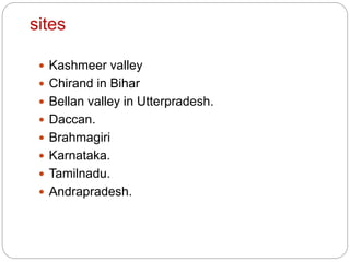 sites
 Kashmeer valley
 Chirand in Bihar
 Bellan valley in Utterpradesh.
 Daccan.
 Brahmagiri
 Karnataka.
 Tamilnadu.
 Andrapradesh.
 