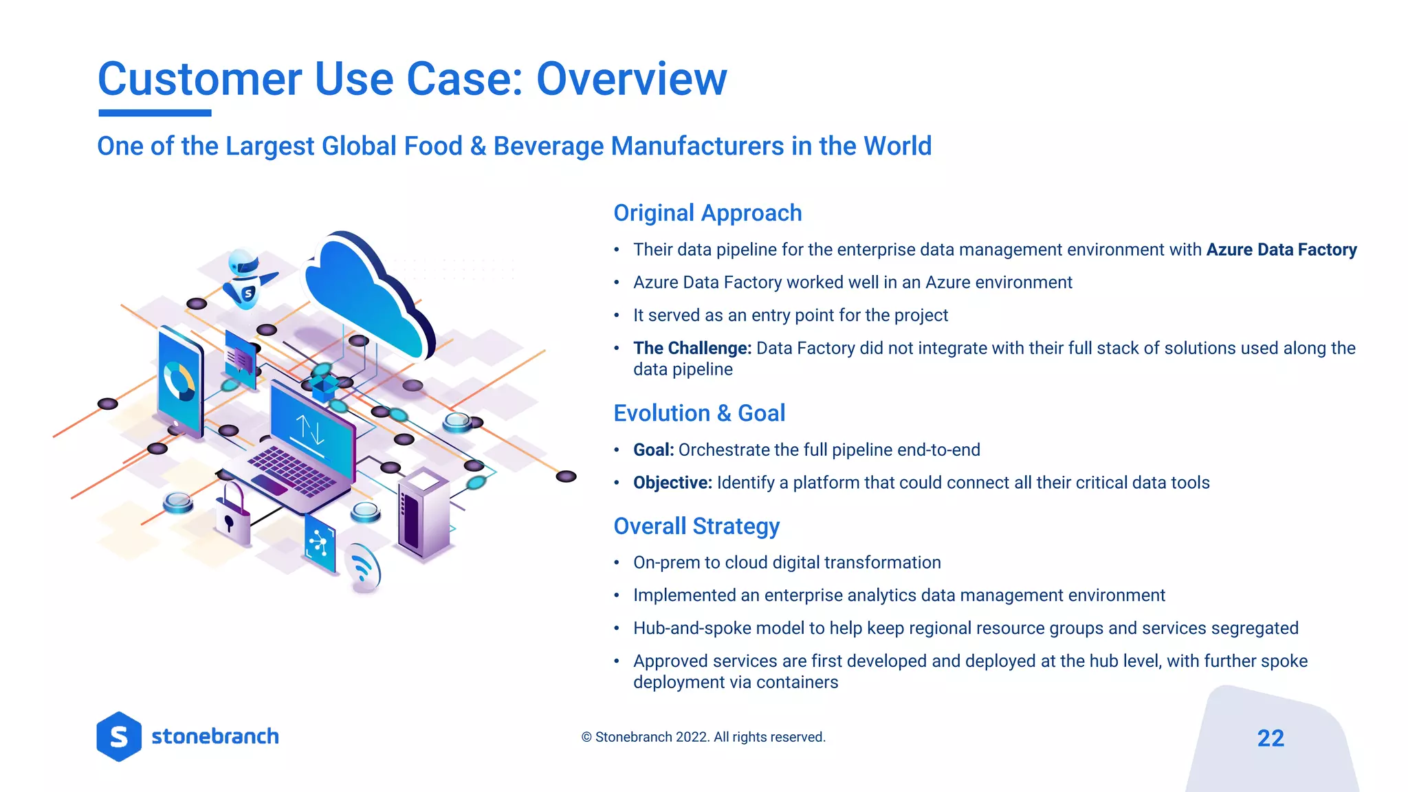 Customer Use Case: Overview
One of the Largest Global Food & Beverage Manufacturers in the World
Evolution & Goal
• Goal: Orchestrate the full pipeline end-to-end
• Objective: Identify a platform that could connect all their critical data tools
Overall Strategy
• On-prem to cloud digital transformation
• Implemented an enterprise analytics data management environment
• Hub-and-spoke model to help keep regional resource groups and services segregated
• Approved services are first developed and deployed at the hub level, with further spoke
deployment via containers
Original Approach
• Their data pipeline for the enterprise data management environment with Azure Data Factory
• Azure Data Factory worked well in an Azure environment
• It served as an entry point for the project
• The Challenge: Data Factory did not integrate with their full stack of solutions used along the
data pipeline
22
© Stonebranch 2022. All rights reserved.
 