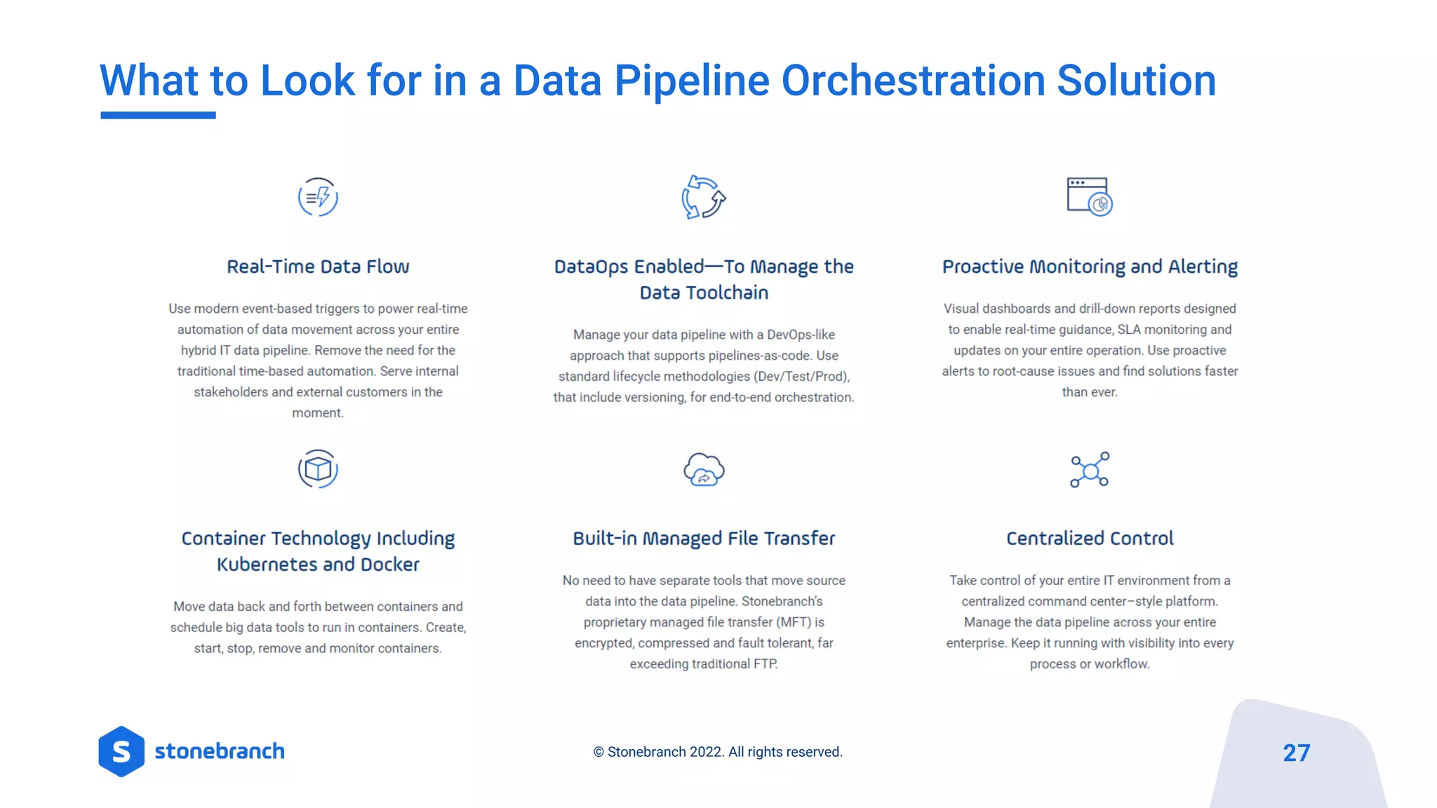 What to Look for in a Data Pipeline Orchestration Solution
27
© Stonebranch 2022. All rights reserved.
 