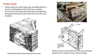 Timber bands
• Timber bands are made using a pair of parallel planks or
runners nailed together with small cross members.
• The corners of the timber band should be strengthened
by diagonal knee-braces that match the size of the cross
members
Timber band with a knee-brace at the corner
Timber band as a horizontal truss with cross members
placed at a 45° angle to ensure roof anchorage
 