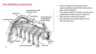 Key Building Components • The key components of a typical stone
masonry building include floor/roof systems,
walls, and foundations.
• This system consists of a timber roof structure
supported by timber columns and beams
• stone masonry walls at the exterior
• the walls may not provide support to the
floor/roof structure.
 