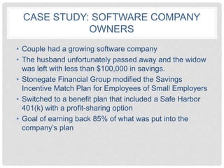 CASE STUDY: SOFTWARE COMPANY
OWNERS
• Couple had a growing software company
• The husband unfortunately passed away and the widow
was left with less than $100,000 in savings.
• Stonegate Financial Group modified the Savings
Incentive Match Plan for Employees of Small Employers
• Switched to a benefit plan that included a Safe Harbor
401(k) with a profit-sharing option
• Goal of earning back 85% of what was put into the
company’s plan
 