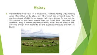 History
 The first stone circle was a set of 'bluestones'. The holes held up to 80 standing
stones (shown blue on the plan), only 43 of which can be traced today. The
bluestones (made of dolerite, an igneous rock), were thought for much of the
20th century to have been brought from the Preseli Hills, 160 miles (260
kilometres) away in modern-day Pembrokeshire, Wales. Another theory is that
they were brought much nearer to the site as glacial erratics by the Irish Sea
Glacier.
 