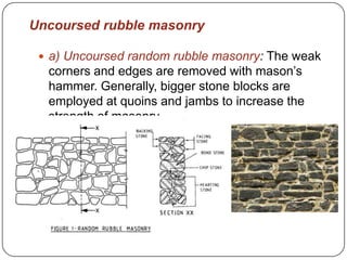 Uncoursed rubble masonry
 a) Uncoursed random rubble masonry: The weak

corners and edges are removed with mason’s
hammer. Generally, bigger stone blocks are
employed at quoins and jambs to increase the
strength of masonry.

 