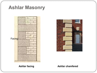 Ashlar Masonry

Facing

Ashlar facing

Ashlar chamfered

 