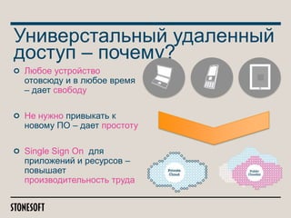 Универстальный удаленный
доступ – почему?
Любое устройство
отовсюду и в любое время
– дает свободу
Не нужно привыкать к
новому ПО – дает простоту

Single Sign On для
приложений и ресурсов –
повышает
производительность труда

 